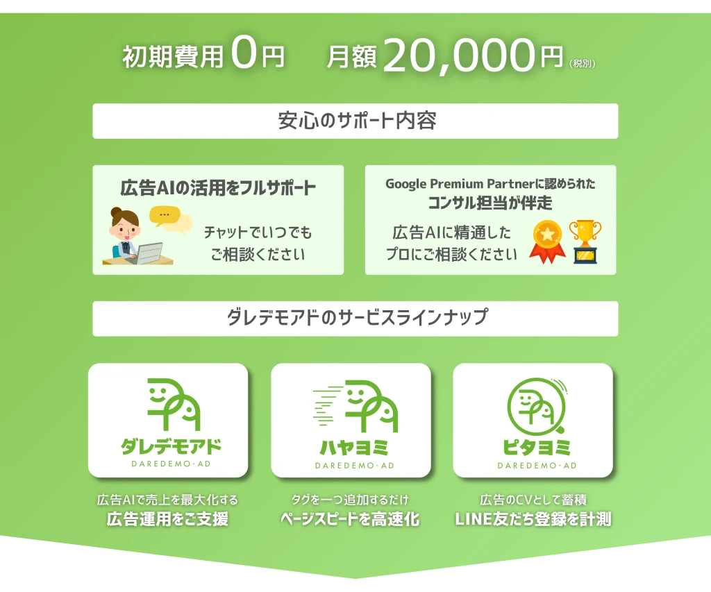広告AIの活用をフルサポート。GooglePremiumPatnerに認められたコンサル担当が伴走。広告AIに精通したプロにご相談ください。広告AIで売上を最大化する広告運用をご支援。タグを一つ追加するだけページスピードを高速化。広告のCVとして蓄積LINE友だち登録を計測。